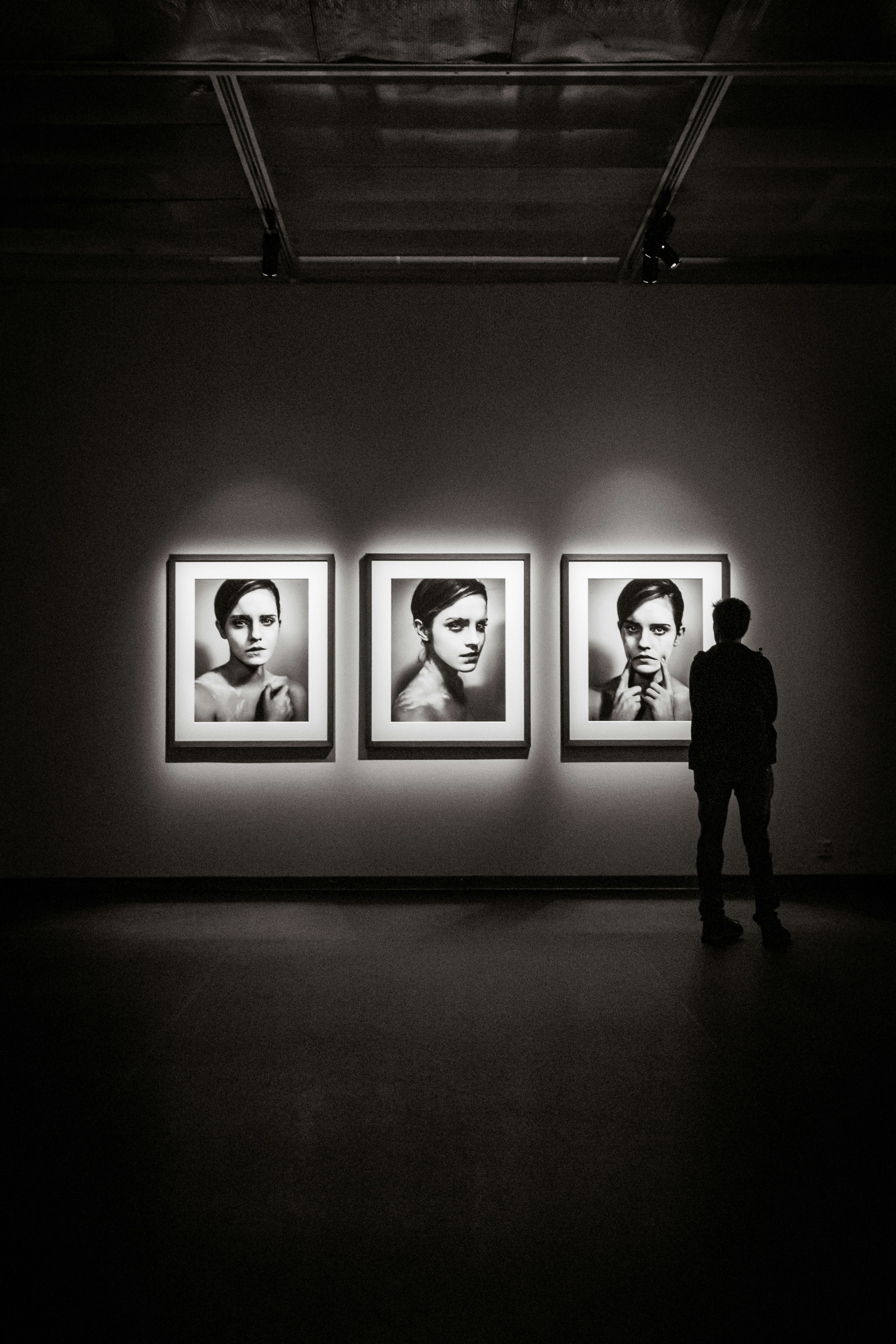 Visitor viewing framed photography in a dark gallery