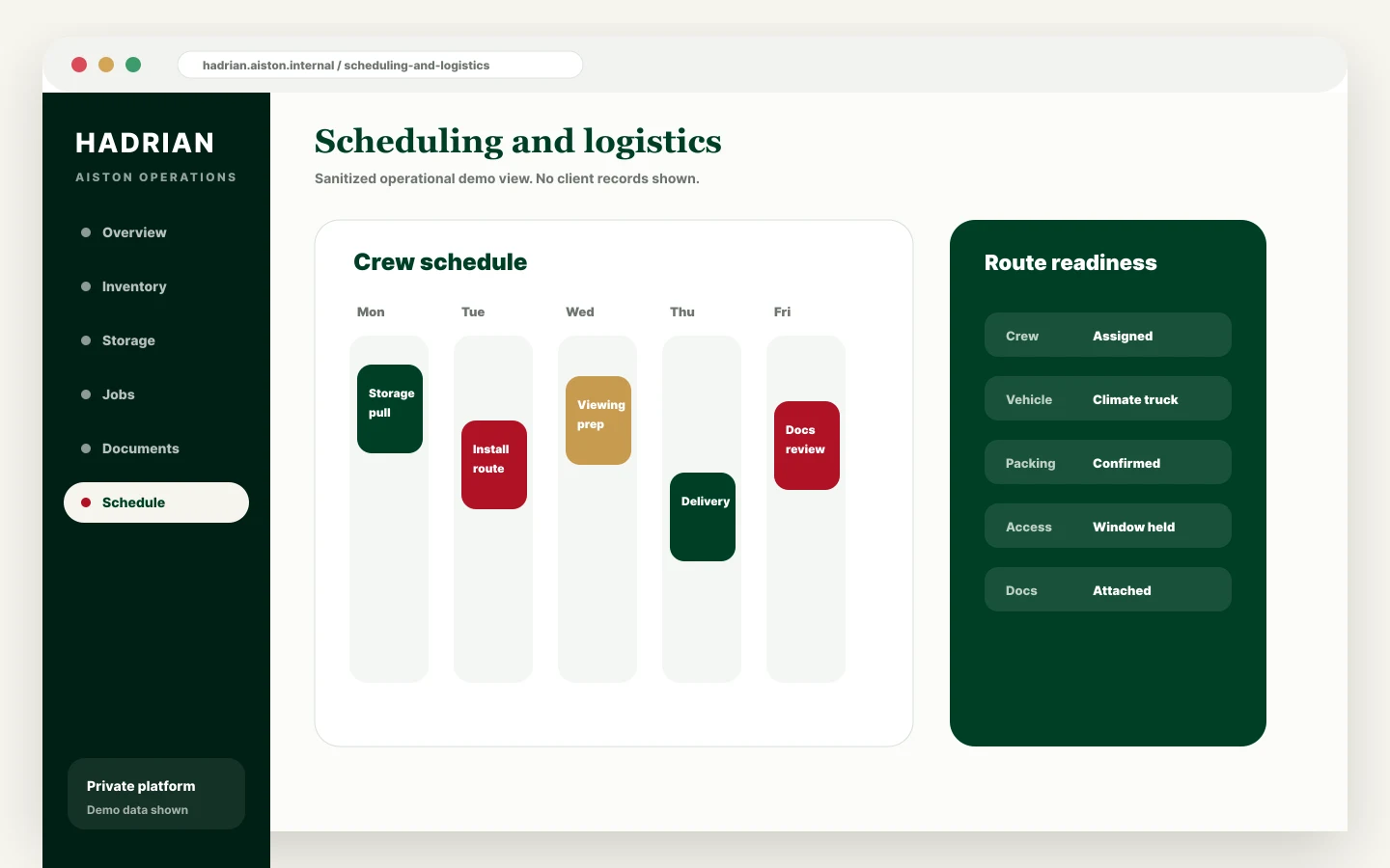 Example Hadrian installation and project work interface