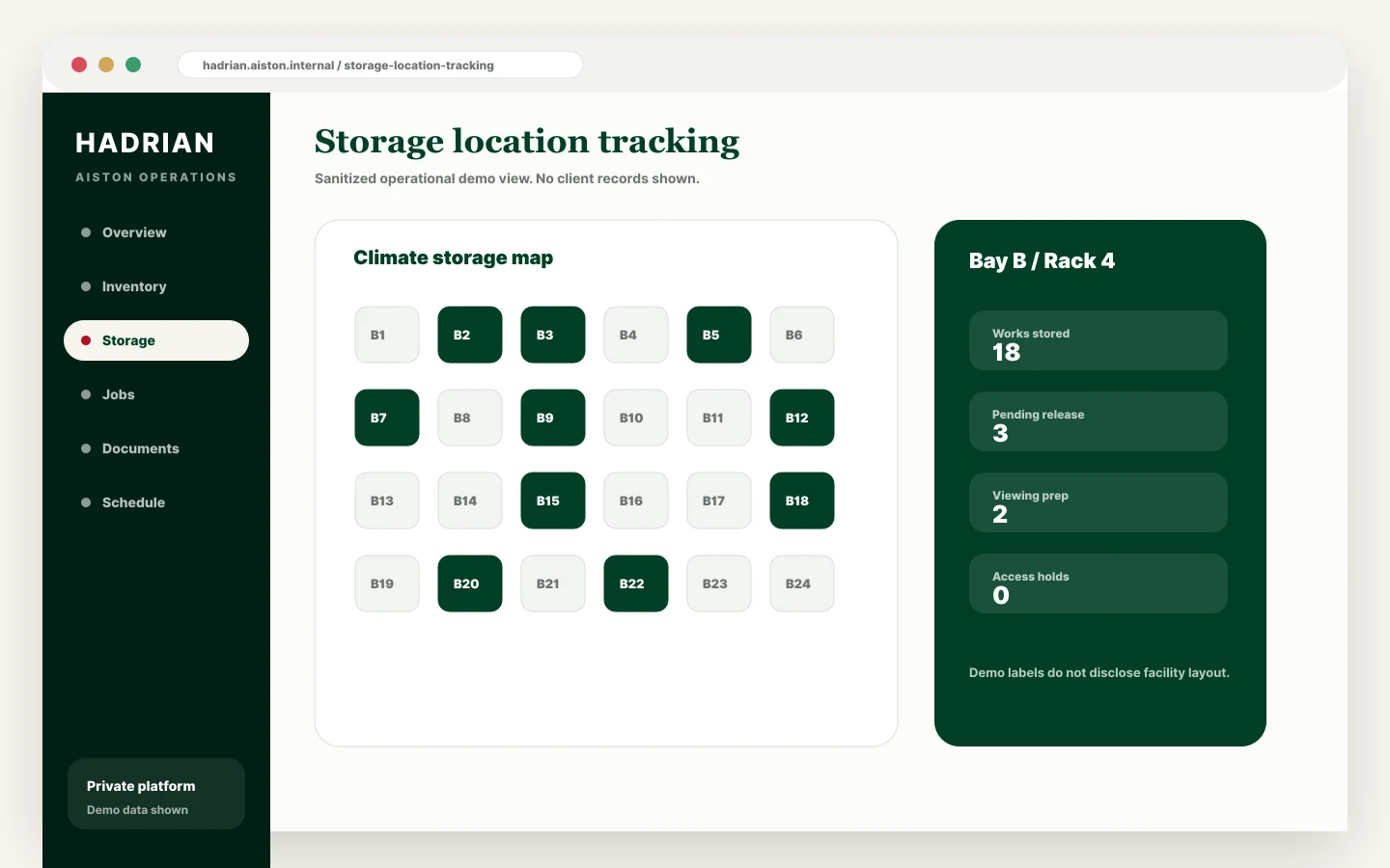 Example Hadrian storage tracking interface